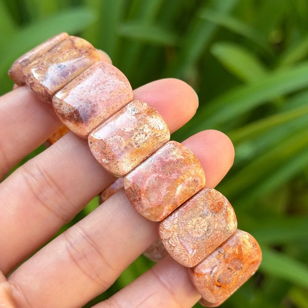 Stretchable red fossilized coral‎ soft bangle 0699